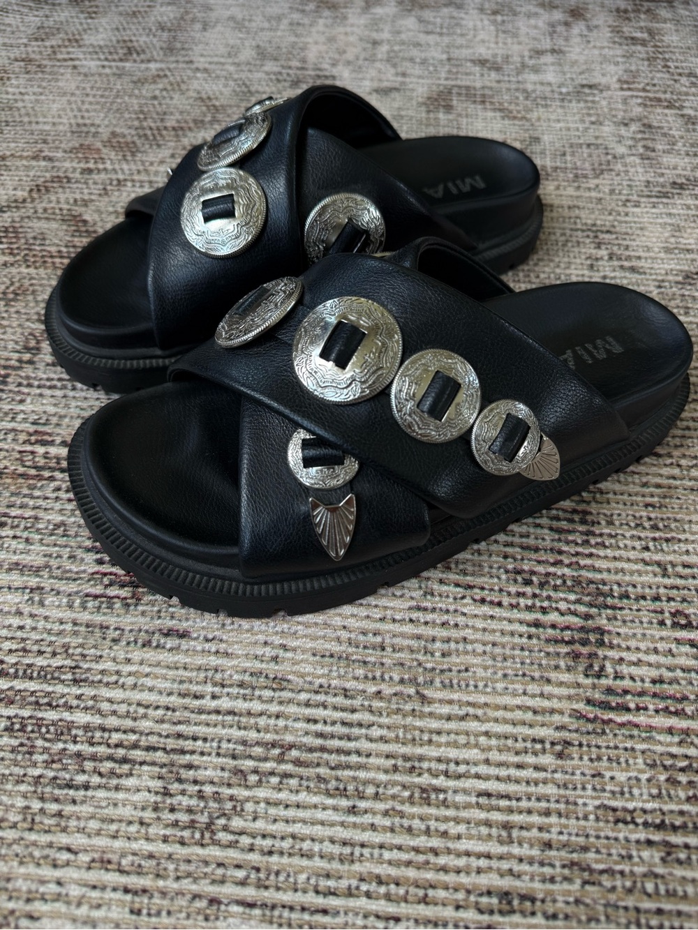 Black Slide Sandals with Silver Concho Accents